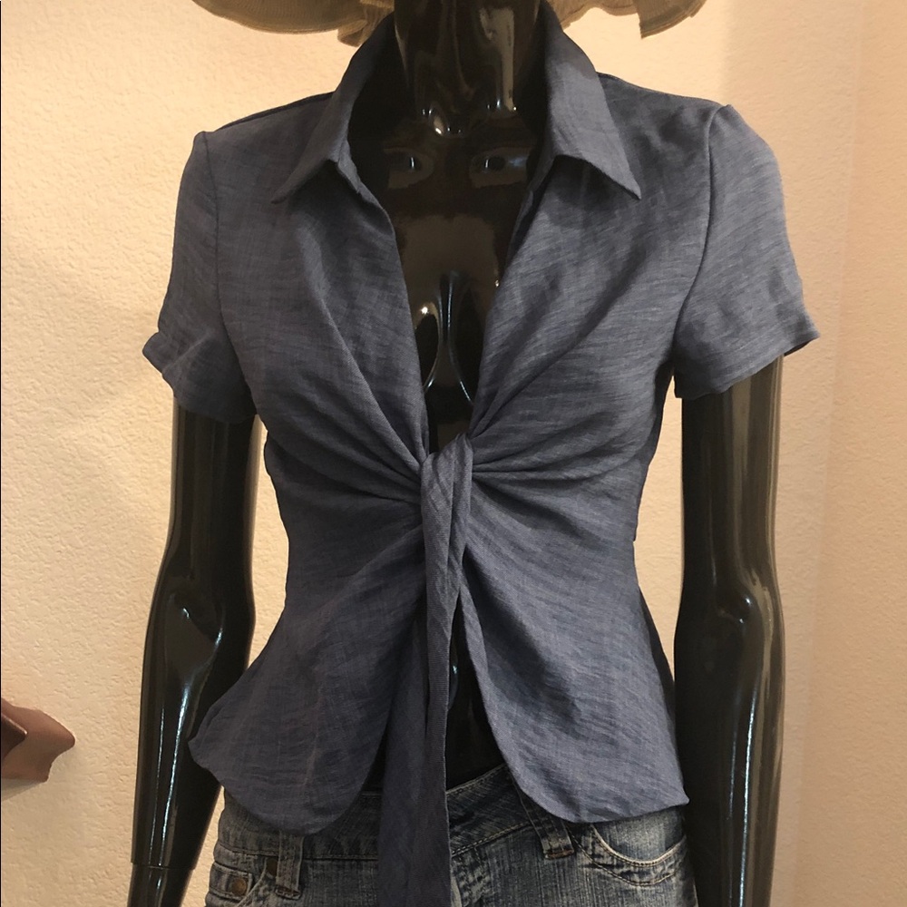 Women's Blue Tie-Front Collared Top